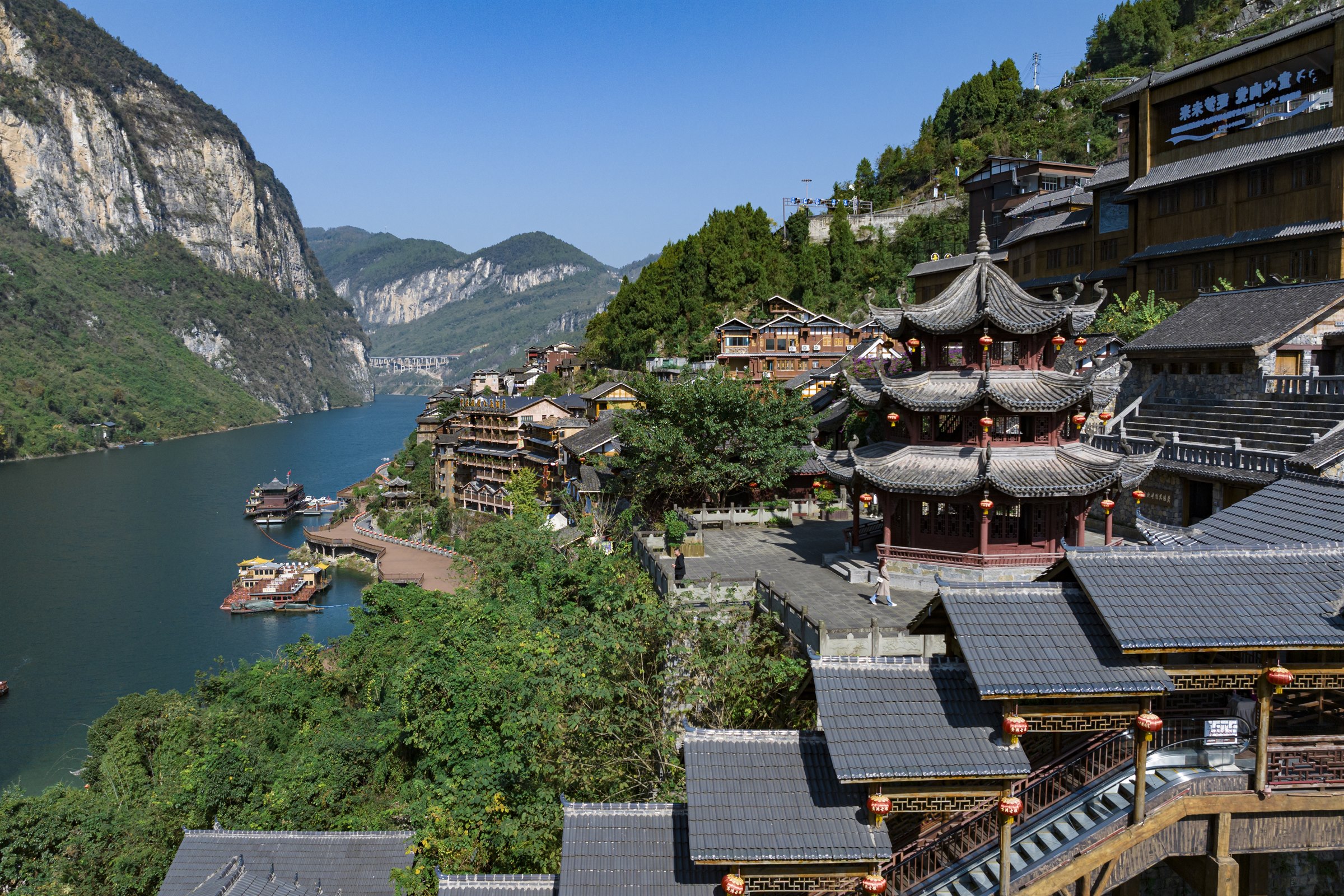Traditional riverside buildings at Gongtan Old Town